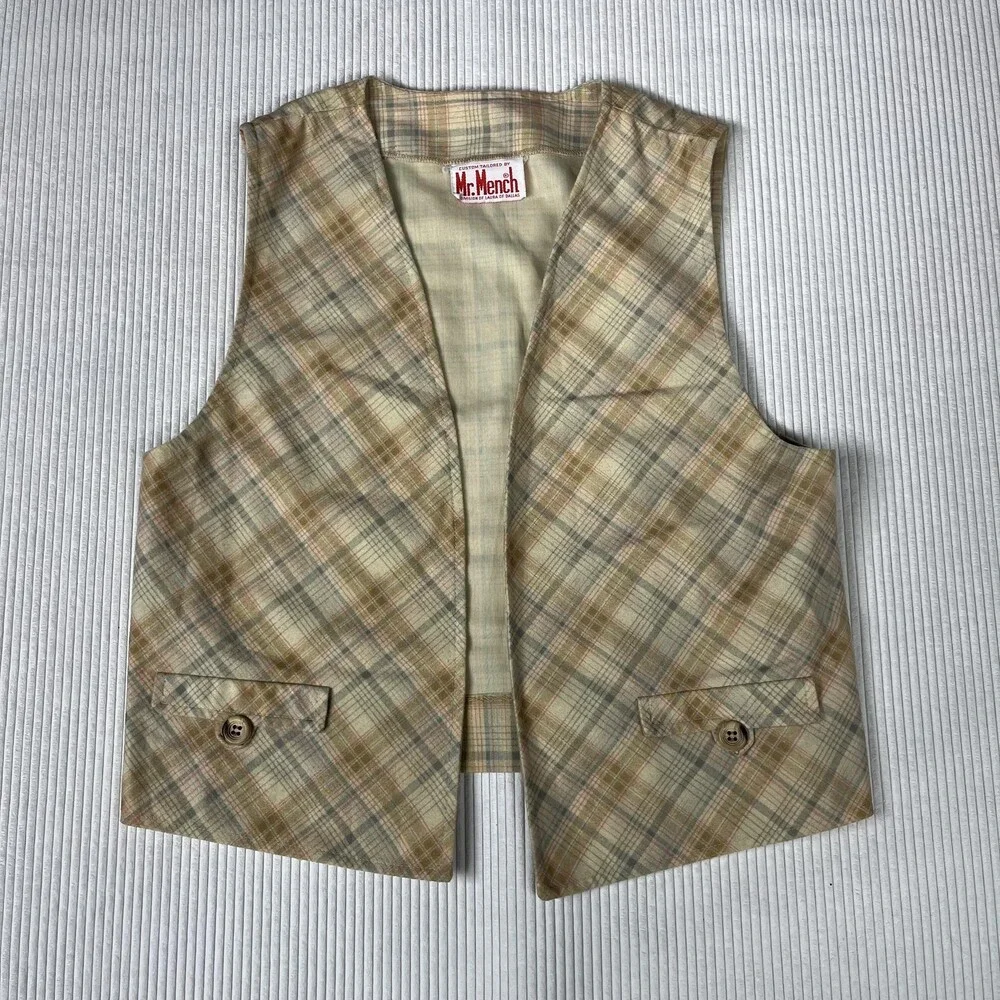 Vintage Mr. Mench Vest Mens M Beige Plaid Suit Waistcoat Spring Casual 70s 80s